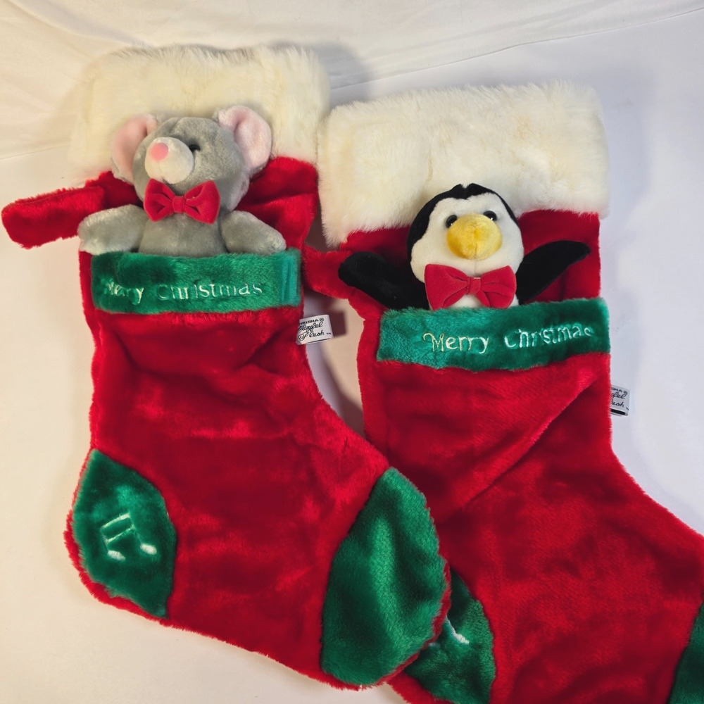 Vintage 1988 Chrisha Playful Plush Christmas Stockings Mouse Penguin Lot 2 21"